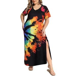 Tie-Dye Maxi Dress with Side Slit – Short Sleeve Casual Summer Dress Sz 3X